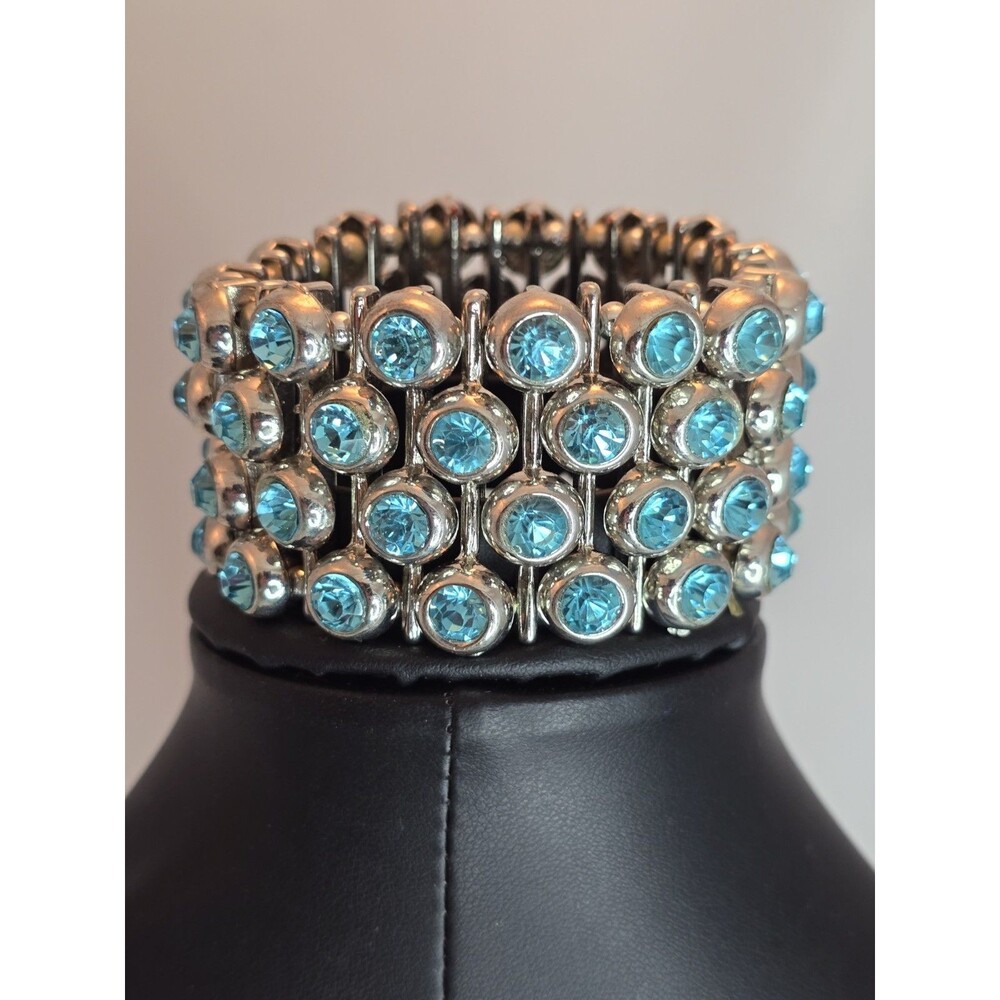 Silver Tone Aqua Rhinestone Stretch Cuff Bracelet Statement Glam Prom Jewelry